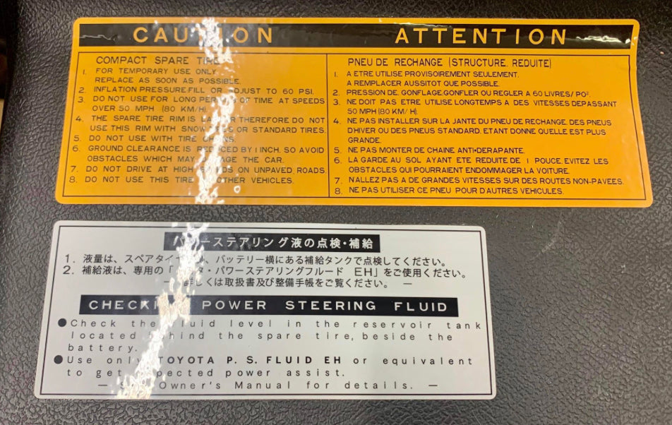 Reproduction SW20 Frunk Cover Warning Labels